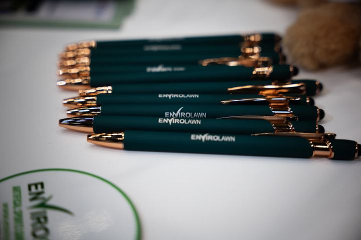 Envirolawn branded pens on the stand